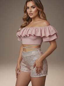 Short Bermuda Style With Elastic Waistband, Sequins, Party/Clubbing Glitter. - 米色 - 查看 2
