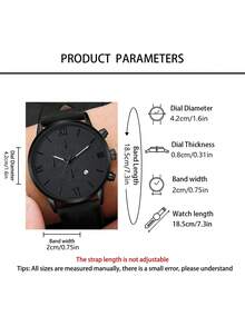 2pcs/Set Minimalist Casual Men's Quartz Watch Set, Men's Cool Fashion All-Black Accessory Set (Including Black Case Black Dial Quartz Watch And Black Curb Chain Bracelet), Featuring Matte Metal And Leather Strap - Black - View 3