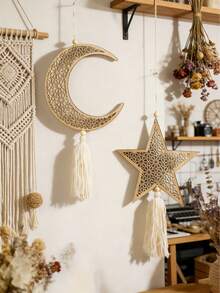 1pc Moon Phase Wall Decor, Moon, Star & Lantern Shaped Hanging Ornament With Tassels, Wooden Boho Style Wall Art, Boho Home Decor, Suitable For Living Room & Bedroom, Mysterious & Minimalist Wall Hanging, Home & Party Decoration, Holiday Decor - Multicolor - View 3