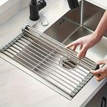 1pc, Deluxe Stainless Steel Roll-Up Dish Drying Rack - Space-Saving Over The Sink Design, Multifunctional Dish Drain Rack, Portable Rolling Rack, Sink Mat, Easy Storage, Rust-Resistant, Durable, And Compact Kitchen Tool, Drain Rack - Grey - View 2