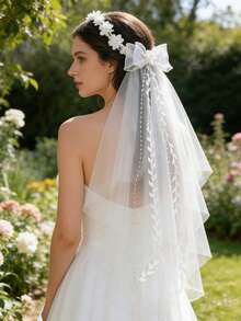 1pc Elegant Floral Wreath With Bow Ribbon Bridal Hair Accessory, Suitable For Wedding - White - View 7