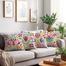 4件套复古墨西哥风情花鸟图案抱枕套，单面印花柔软桃皮绒面料，45*45厘米，适用于家居室内卧室客厅派对装饰、沙发装饰抱枕套、节日礼物（不含枕芯） - 彩色 - 查看 9