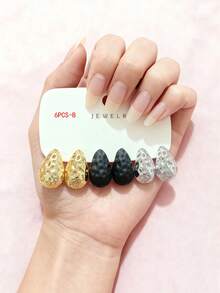 6/18件套夸张永生花水滴耳环套装，时尚耳环，适合日常及节日佩戴，采用ABS树脂材质，UV镀层不褪色金 - 彩色 - 查看 3