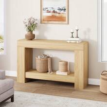 Mesa consola rústica de madera para entrada y comedor, Diseño compacto y funcional con doble nivel y estante abierto, para pasillos y salones - Color de la madera - Ver 6