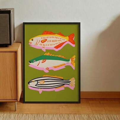 1pc Retro Folk Art Fish Trio Wall Art Picture Olive Green Abstract Marine Life Canvas Print Paintings|Vibrant Minimalist Mid-Century Fish Decor For Kitchen,Bedroom,Dining Room,Living Room Or Office Home Decor,Retro Folk Art Fish Trio Poster,Fisherman Gift For Her,Unframed Or Framed