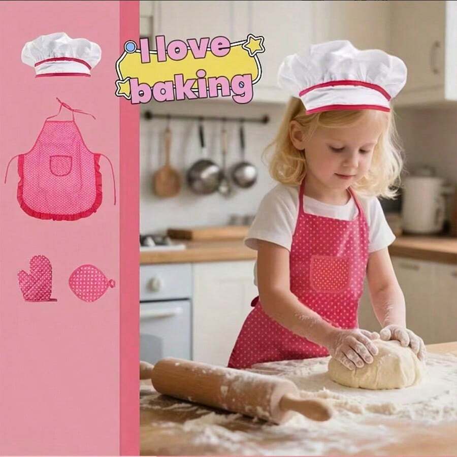 4pcs Kids Chef Cooking & Baking Set, Includes Apron, Chef Hat And Cooking Utensils, Dress Up And Pretend Play Kitchen Toys, Birthday Gift For Girls And Boys - Multicolor - View 1