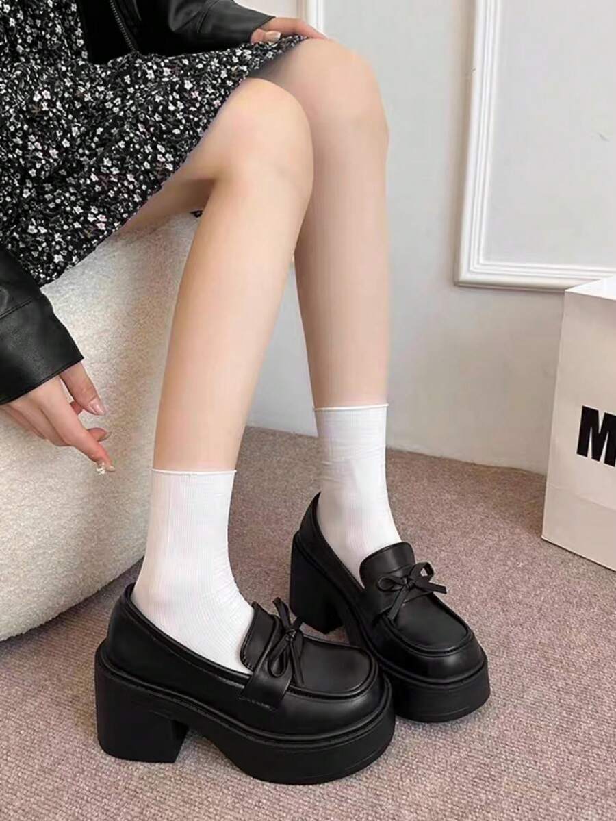 Fashionable Slip-On Platform Loafers, Black, British Style Versatile Casual Shoes For Women - Black - View 1