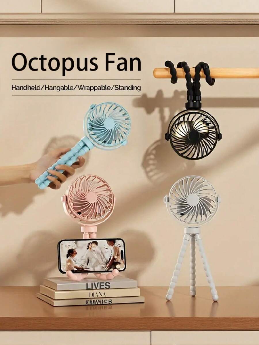 500mAh USB Rechargeable Cute Octopus Clip-On Fan, 3 Speeds Handheld Wireless Cooling For Baby Stroller And Travel