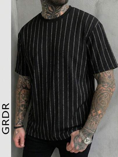  GRDR Summer New Minimalist Textured Contrast Stripe Short Sleeve T-Shirt, Loose Casual All-Match Crew Neck Top For Men