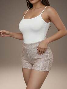 Short Bermuda Style With Elastic Waistband, Sequins, Party/Clubbing Glitter. - 米色 - 查看 3