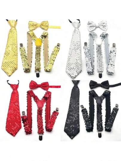 1 Set Men's Sequin Bow Tie, Necktie And Suspender 3 PiecesAccessory Suit