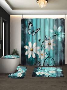 【乡村风淋浴房】4件套乡村农舍风格淋浴帘套装，包含防滑地毯、U型地垫、马桶座套、可机洗淋浴帘（带12个挂钩），乡村木质设计，饰以花卉和蝴蝶图案。 - A - 查看 5