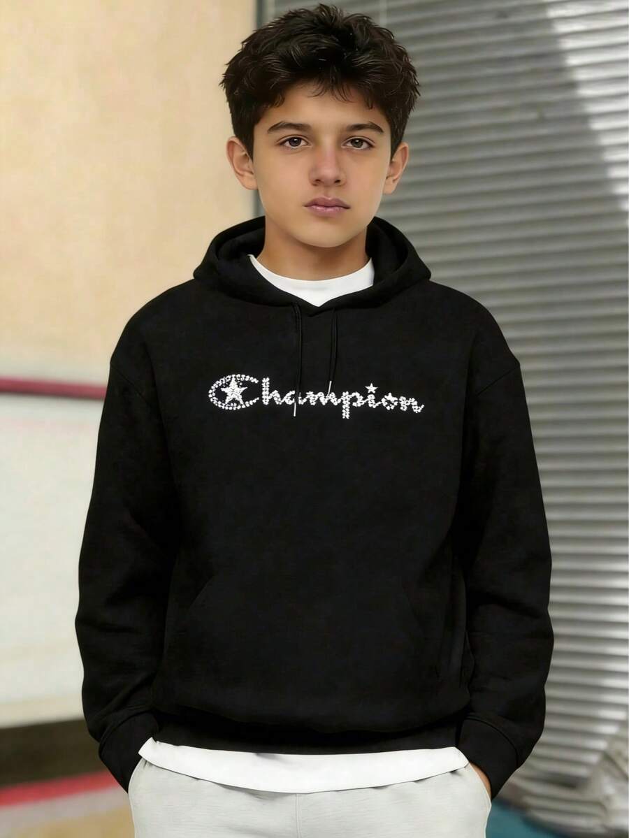 KID003 Sudadera de niños  invierno sudadera de manga larga cómoda suave Camiseta de capucha negra con distintivo de un adorno de forma de corchete blanco, perfecta para combinaciones casuales y estilos modernos - Amarillo Mostaza - Ver 1