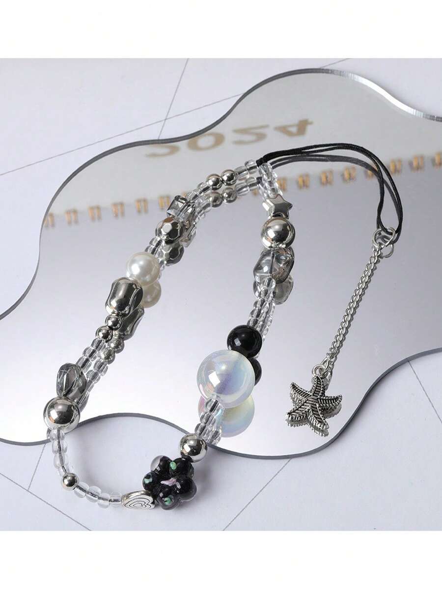 1pc New Beaded Phone Lanyard With Black Flower & Starfish Pendant, Women Phone Strap Accessory - Multicolor - View 1