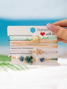 4pcs/Set Handmade Woven Rope Bracelet Set, Ocean Theme Sea Turtle & Star Bead Decor Bracelets, Bohemian Style Accessories Gift For Summer Vacation - Multicolor - View 3