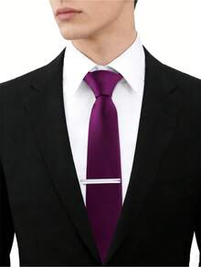 Men's Solid Color Necktie And Tie Clip Set, Business/Work Commute Versatile High-End Accessory, Gift For Colleagues, Friends, Leaders,Accessories,Festival,Gifts - Purple - View 6
