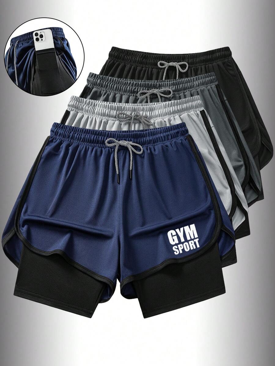 1pc Men's Sports Shorts, Summer Lightweight 2-In-1 Shorts With Mesh Fabric And Elastic Lining, Suitable For Workout, Running, Gym Use - Navy Blue - View 1