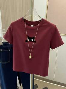 女士圆领短袖T恤，轻薄面料，宽松百搭，可爱猫咪印花，休闲上衣，ins风夏季单品 - 酒紅色 - 查看 2