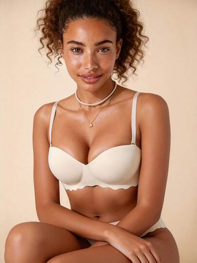 Lilivine Women's Beige Small Chest Push UP Bras, Seamless & Wireless Bralette, Solid Color Simple Daily Wear Brassiere With Soft & Thick Palm Cup, Comfortable & Breathable Sexy Lingerie, Back Closure Sports Underwear With Adjustable & Detachable Shoulder Straps, Strapless & Backless Design For Party, Wedding Or Dresses