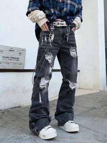 男士喇叭牛仔裤 - 喇叭形弹力牛仔裤，休闲舒适做旧弹力牛仔裤，哥特风拉链裤脚牛仔裤，Y2K灰色修身弹力时尚牛仔裤 - 灰色 - 查看 3