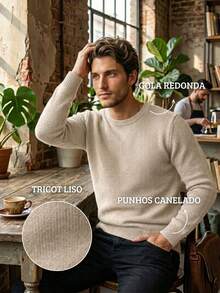 Men's Basic Plain Knit Sweater With Round Neck, Casual Long Sleeve Knit Blouse For Winter - 米色 - 查看 2