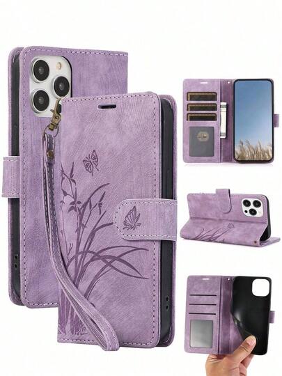 PU Leather Basic Anti-Drop Phone Case With Credit Card Slot, Flip Wallet Style Phone Case