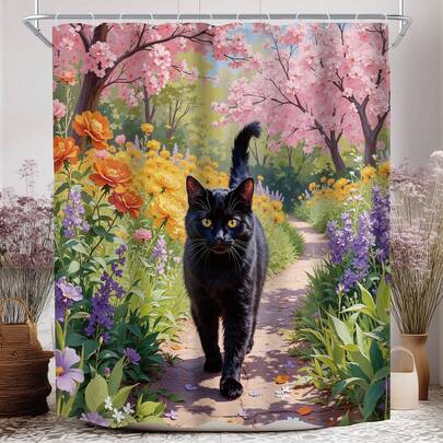 1件装精美风景猫咪图案浴帘，花猫动物印花浴帘，适用于各种房间和浴室装饰隔断，浴室装饰配件浴帘