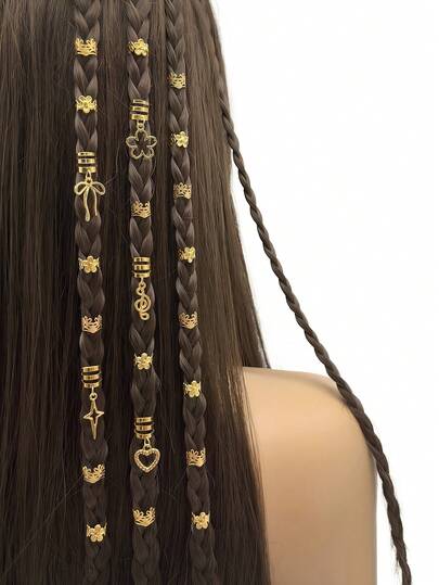 35pcs Golden Hollow Flower Hair Rings With Bow, Music Note & Heart - Elegant Alloy Hair Cuffs, Vintage Romantic Hair Rings For Adjustable Braids & Dreadlocks