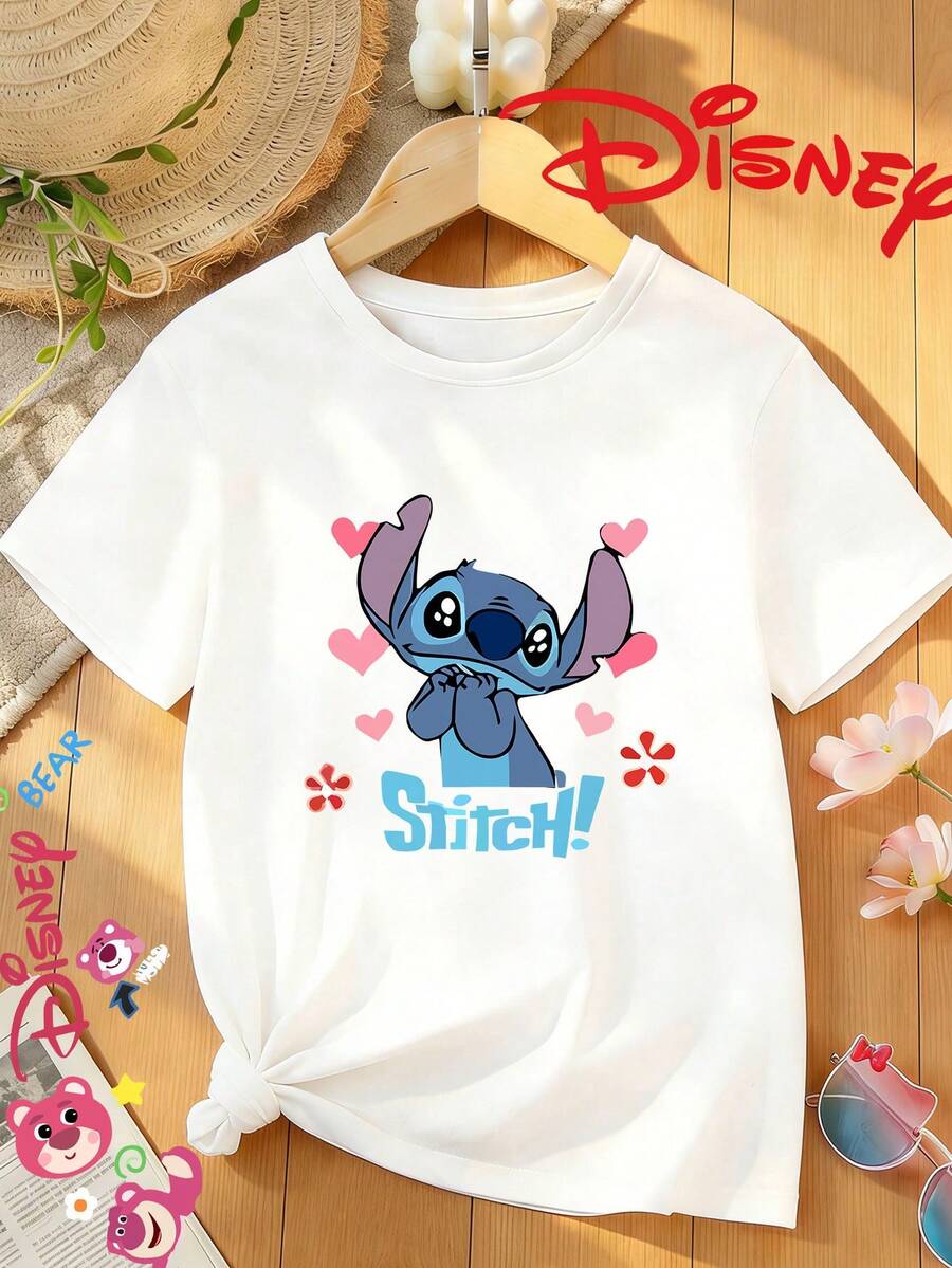 Disney Officially Licensed Stitch Print, Women's High-Waisted Slim-Fitting Short-Sleeved T-Shirt, Casual Beach Short-Sleeved Top - 白色 - 查看 1