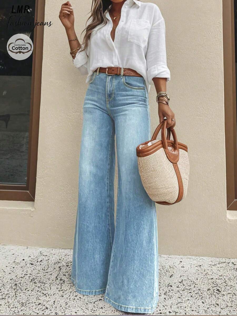 Quần jeans nữ ống loe cạp trung, kiểu dáng tối giản, ôm sát giúp kéo dài đôi chân, thích hợp mặc thường ngày. - Rửa nhẹ - Xem 1