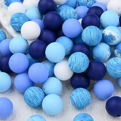 1 Set Blue Starry Sky Theme Silicone Bead Set, 15mm Printed Mixed Round Beads, Creative DIY Beading Craft, Suitable For Bead Pens, Keychains, Jewelry Accessories And Handicraft Supplies