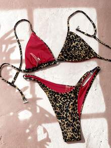 Bộ bikini nữ gợi cảm họa tiết da báo phối màu tương phản, gồm 2 món, thích hợp cho kỳ nghỉ hè trên bãi biển. - màu nâu - Xem 5