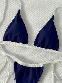 Bộ bikini màu hồng trơn không lưng, buộc dây cổ, thích hợp cho đi biển, tiệc bể bơi, kỳ nghỉ hè. - Xanh đậm - Xem 4