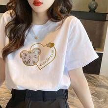 Camiseta de manga corta de algodón puro para mujer, talla grande, nuevo estilo de verano, holgada y estilizadora, blusa blanca, camiseta básica, de moda en . - Camiseta de manga corta 100 % algodón - Corazón de oso - Ver 12