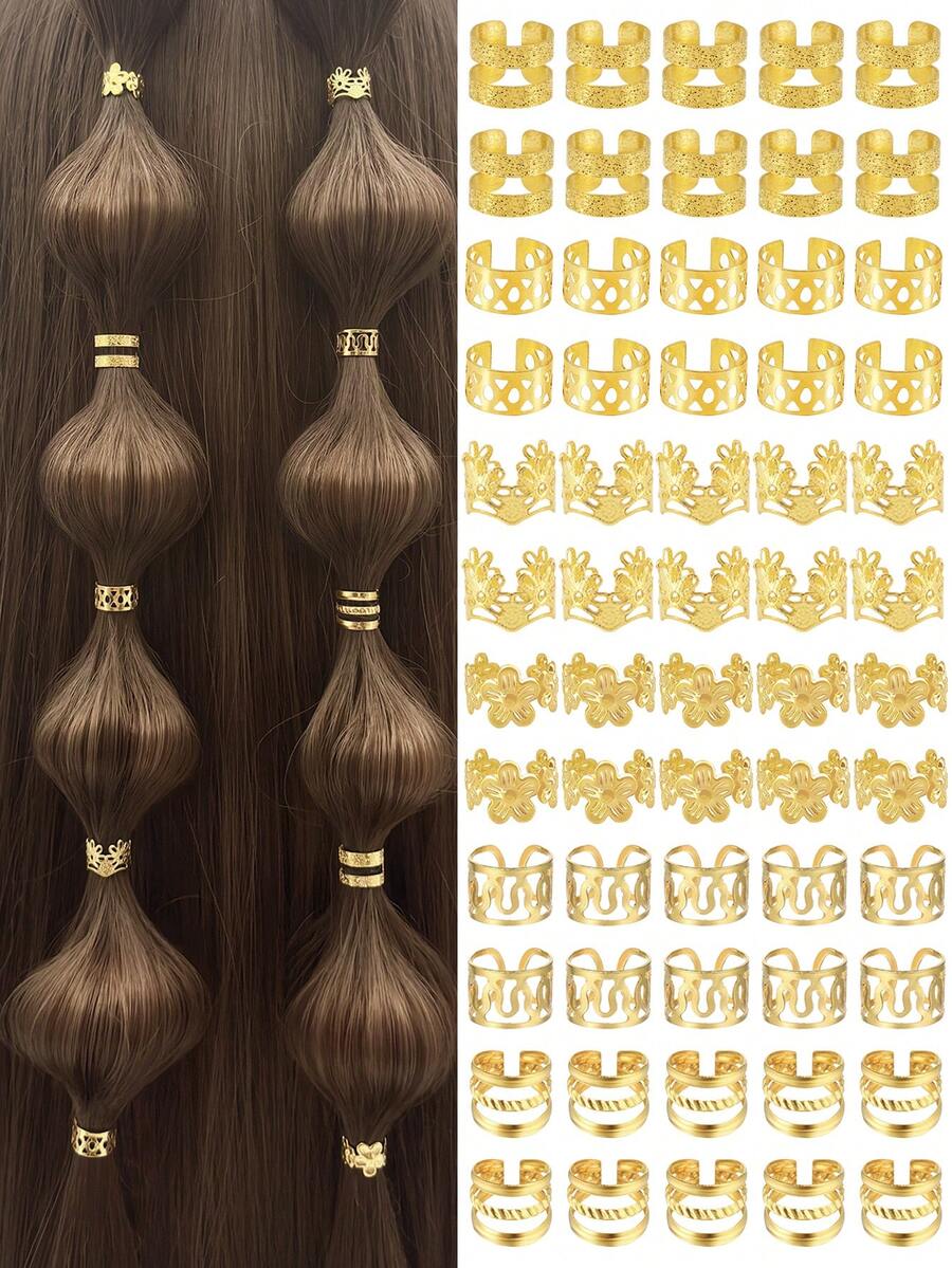 60件套四季通用多款式发圈套装 - 多功能可调节合金发箍，波西米亚风发饰，适合女孩的脏辫、辫子和扭辫 - 金色 - 查看 1