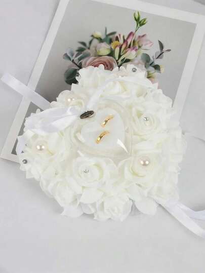 Ivory Ring Pillow, Heart-Shaped Rose Lace Pad, Wedding Ring Cushion For Wedding Party Anniversary Ceremony