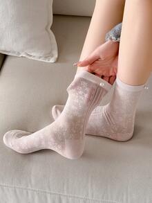 1 Pair Women's Solid Color Sheer Thin Pearl Fashionable Minimalist Cute Korean Style Mid-Calf Socks, Suitable For Spring/Summer Daily Wear - Multicolor - View 6