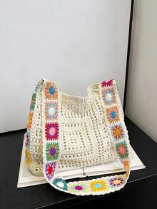 Yogodlns Minimalist Knit Shoulder Bag Boho Crochet Handbag Vintage Lace Hollow-Out Purse For Women Casual Crossbody Underarm Bag Fashion Mesh Crochet Shoulder Bags Casual Shopper Tote Bag Large Capacity Knitted Travel Purse And Handbag For Women - Beige - View 12