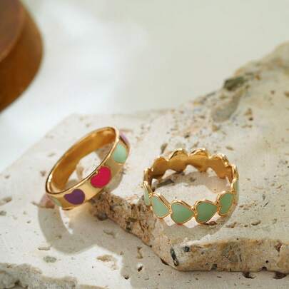 2件套心形手工油画戒指，可爱时尚，适合户外/度假佩戴，颜色随机。