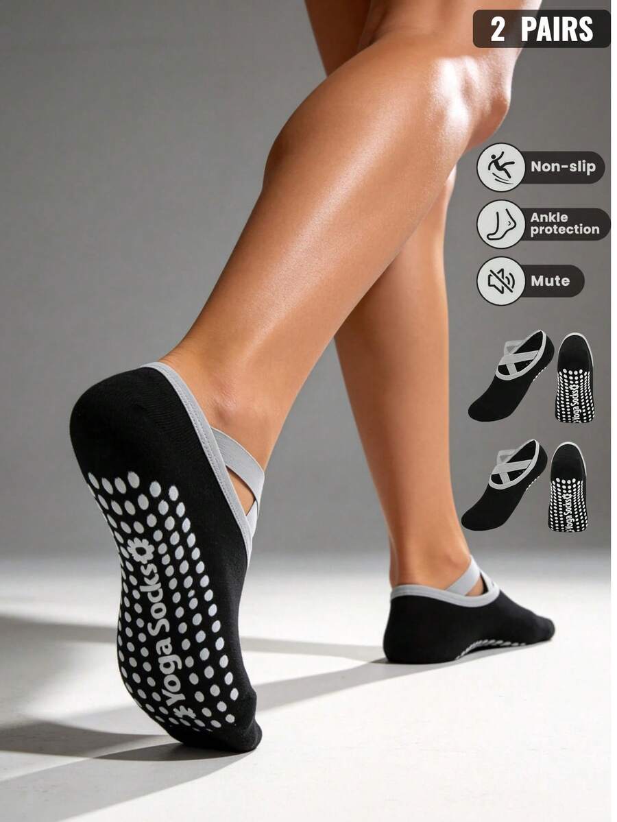 Runway Rest 2 paires de chaussettes antidérapantes pour femmes Pilates, chaussettes adhérentes Pilates, chaussettes de yoga avec adhérence pour la course, les sports, la salle de gym, l'automne - Noir - Voir 1