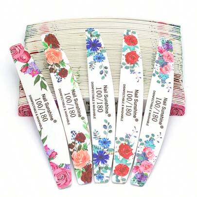 5-Piece Purple Flower Wood Chip Nail File With 100/180 Grit Sandpaper. Half Moon-Shaped Box. Professional, Washable, Wear-Resistant And Durable Polishing Strip. Nail Polishing Tool Set.