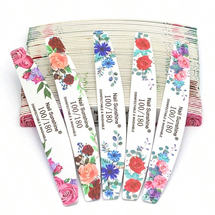 5件套紫色花朵木屑指甲锉，配100/180目砂纸。半月形收纳盒。专业、可水洗、耐磨耐用的抛光条。指甲抛光工具套装。 - 彩色 - 查看 1