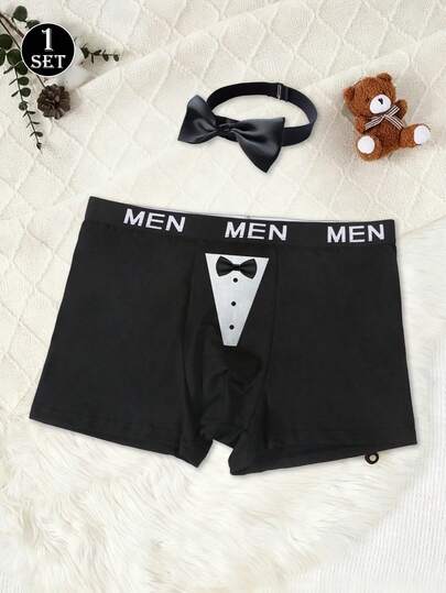 Men's Black Simple Fashion Daily Boxer Briefs With Sexy Bow Tie Print, Elastic Letter Belt, Butterfly Decor Neck Choker