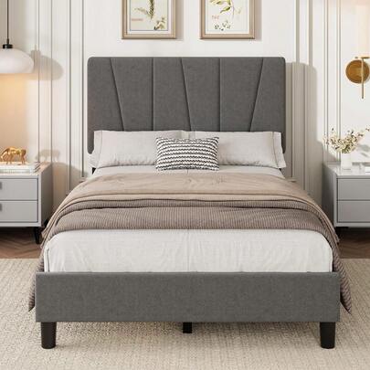 Dragonpad Upholstered Bed Frame With Adjustable Headboard, Twin/King/Full/Queen Size Linen Fabric Upholstered Platform Bedframe With Strong Wooden Slats, Mattress Foundation, No Box Spring Needed, Easy Assembly