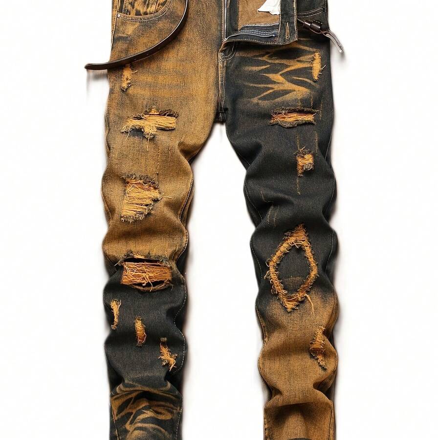 Everyday Comfort, Men's Distressed Purple Ripped Jeans - Regular Fit, Slim Straight Leg With Stacked Biker Hem, Comfortable Denim Pants For Casual Wear - 淺棕色-1 - 查看 1