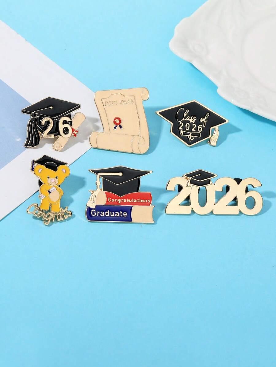 1/6件装 2026届博士毕业季可爱小熊胸针，返校季创意毕业高考满分纪念徽章，2026届毕业礼物，衣服胸针，松树