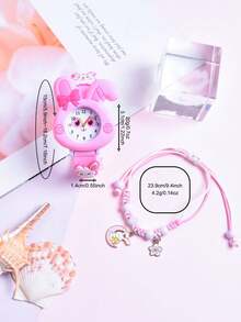 2026 New 2pcs/Set Gift For Daughter's Friend, Soft Silicone Strap Student Watch, Creative Long Ear Rabbit Quartz Watch, Adjustable Braided Rope Rabbit Bracelet - Pink - View 4