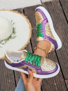 Women's Gold Sequin Patchwork Leather Round Toe Lace-Up Thick Sole Low-Top Multifunctional Fashion Casual Sneakers, Rubber Sole Waterproof Anti-Slip Durable Lightweight Flat Shoes, Spring/Autumn New Versatile Daily Casual Shoes - Purple Gold - View 6