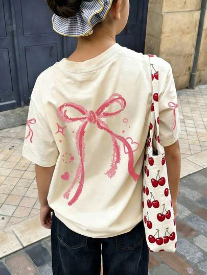 1pc Tween Girl Printed Short Sleeve T-Shirt, Student Youth Clothing, Summer Gift For Kids