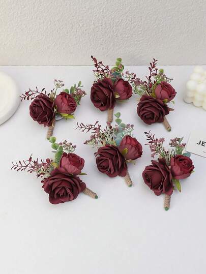 1pc/6pcs Burgundy Princess Rose Flower With Perfume Rose Artificial Green Plant Romantic Corsage Combination, Suitable For Groom, Bride, Groomsman, Bridesmaid, Father, Mother, Wedding, Anniversary, Banquet, Party Decoration